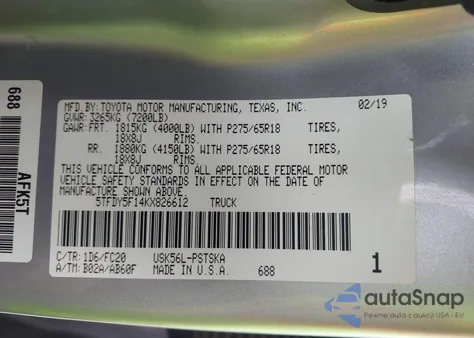 2019 Toyota Tundra Sr5 5.7L V8 from USA, damaged, VIN 5TFDY5F14KX826612